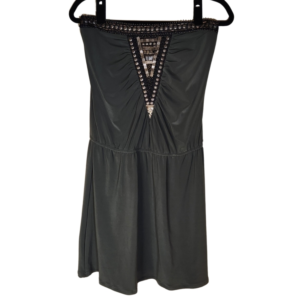 Bissou Bissou Strapless Mini Dress SZ 4 Green Beading Detail Party Embroidered